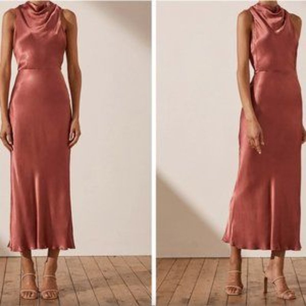 Shona Joy LA LUNE HIGH NECK MIDI DRESS - TERRACOTTA